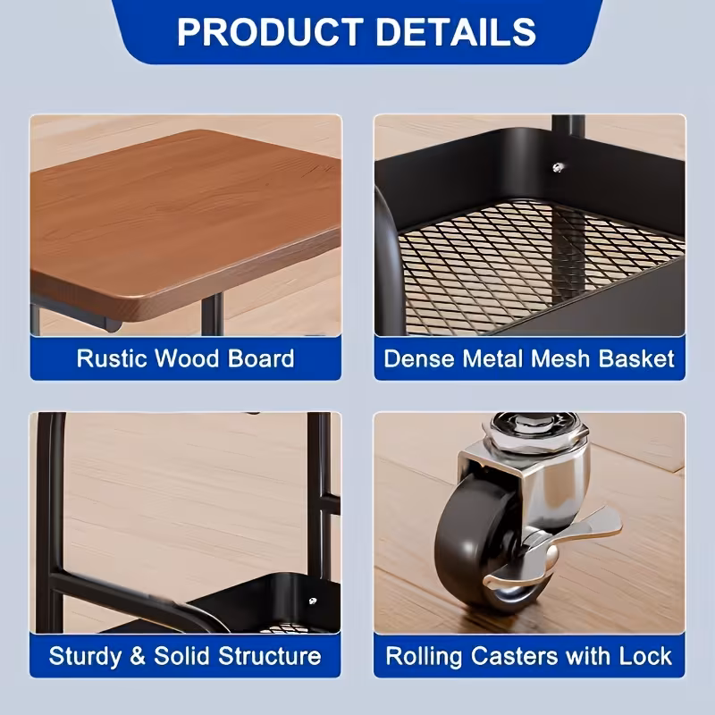 3-Tier Rolling Metal Utility Cart with Wooden Desktop, Lockable Wheels, Multifunctional Storage Rack & Printer Stand for Kitchen Office Bedroom Living Room