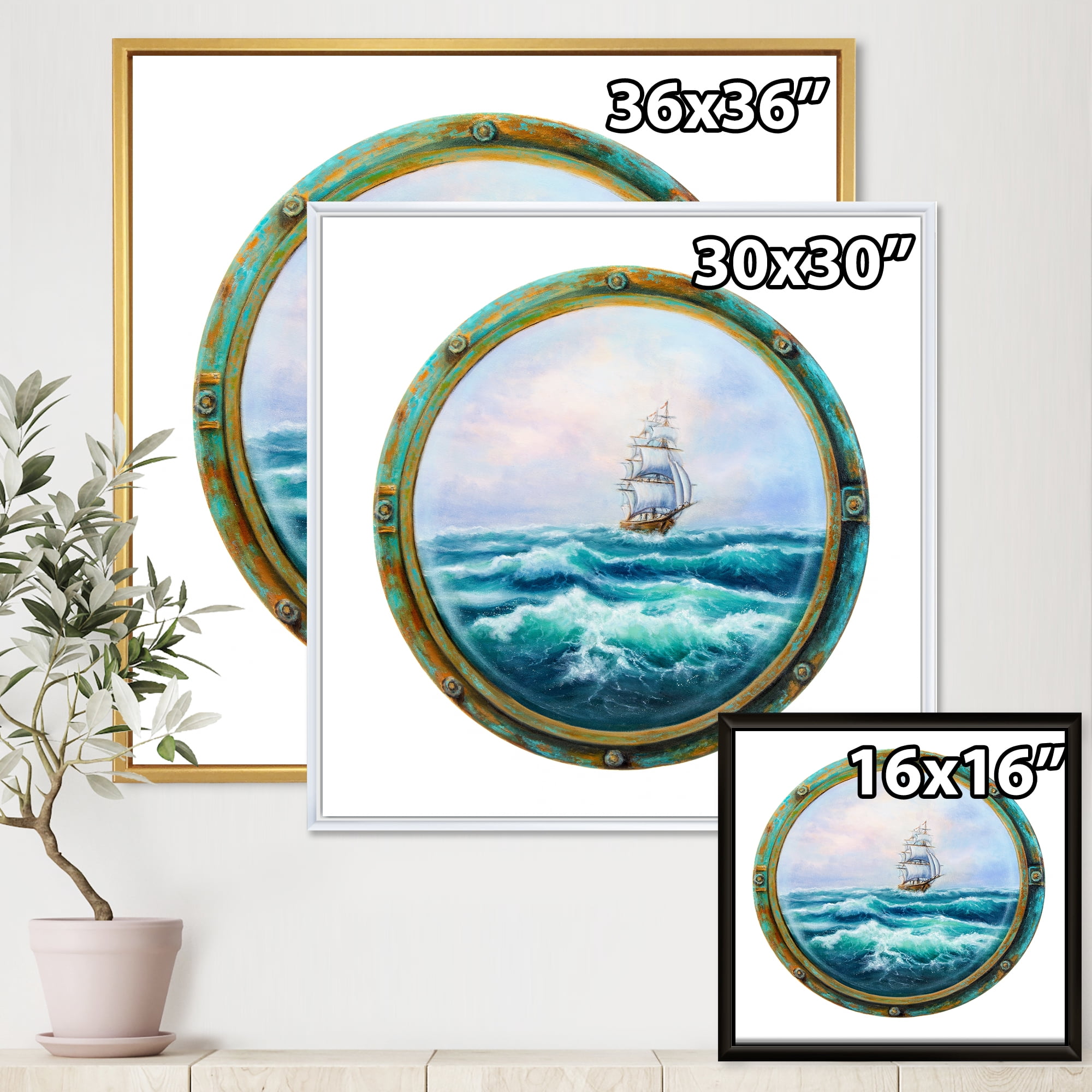 Designart 'Ship In Stormy Ocean Through Cabin Window' Nautical & Coastal Framed Canvas Wall Art Print