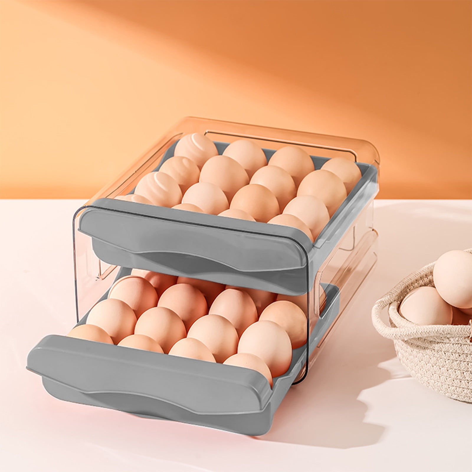 Lcxifdre Slide-Out Drawer Refrigerator Egg Storage Box - 2 Tier Shockproof Plastic Organizer, Space Saving Stackable Counter Storage Egg Holder Container