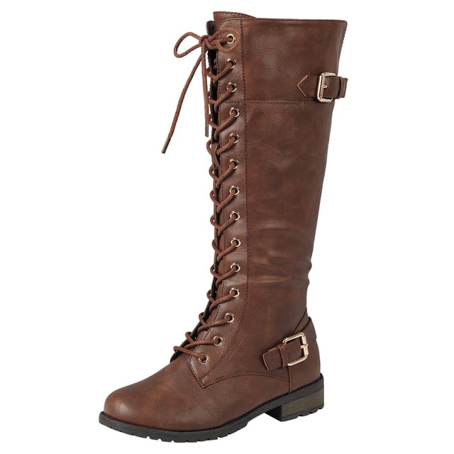 Forever Link Mango-27 Bottes à Talons Empilés à Lacets pour Femmes, Marron, 8