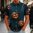 thumbnail image 2 of GrmtClth Men’s Loose Fit Dark Forest Short Sleeve Shirt Halloween Season Ghost Pumpkin Bat Coffin Rose Full Button Vacation Blouse Vermilion L, 2 of 5
