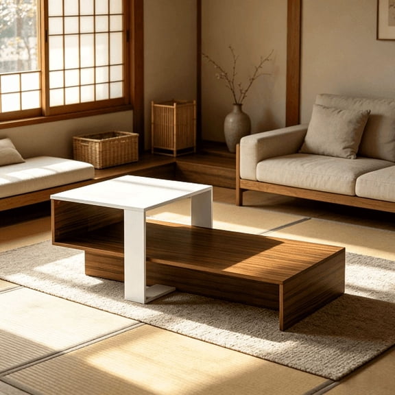 Modern Irregular 2-Tier Coffee Table with Wooden Tabletop & Open Storage Shelf, Decorative Center Table for Living Room