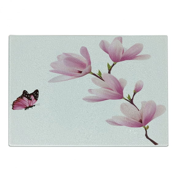 Nature Cutting Board, Blossom Branch of Pink Flowers and Butterflies Fresh Spring Season Image, Decorative Tempered Glass Cutting and Serving Board, Small Size, Pink Maroon Burgundy, by Ambesonne