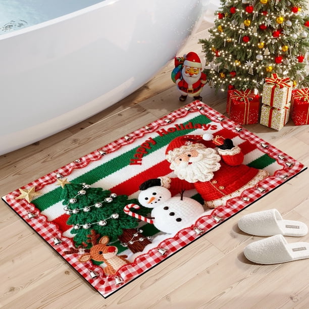 Alfombra navideña de punto para baño | Fibra de poliéster absorbente | Diseño navideño multicolor con Papá Noel, muñeco de nieve y reno | Alfombra antideslizante para puerta de entrada | Decoración