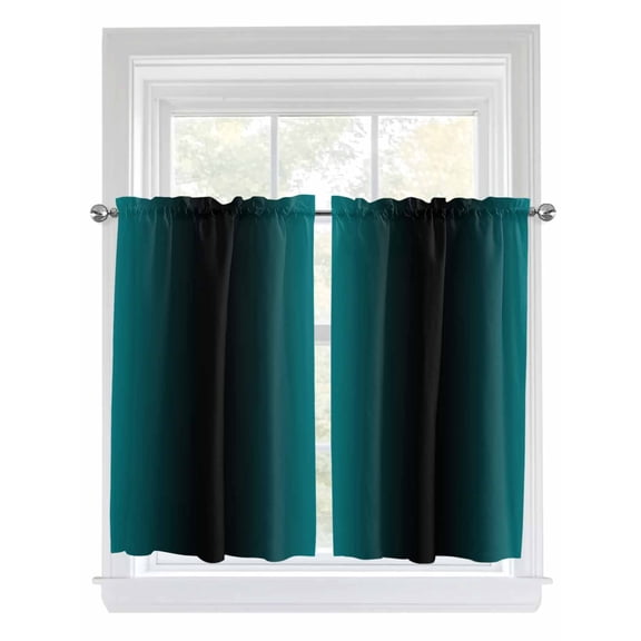 Tier Curtains 45 Inches Long, Teal Black Ombre Window Treatment Curtain Drapes, Gradient Contemporary Abstract Art Small Curtain Drapes for Bathroom Laundry Room, 27.5"x45", 2 Panels