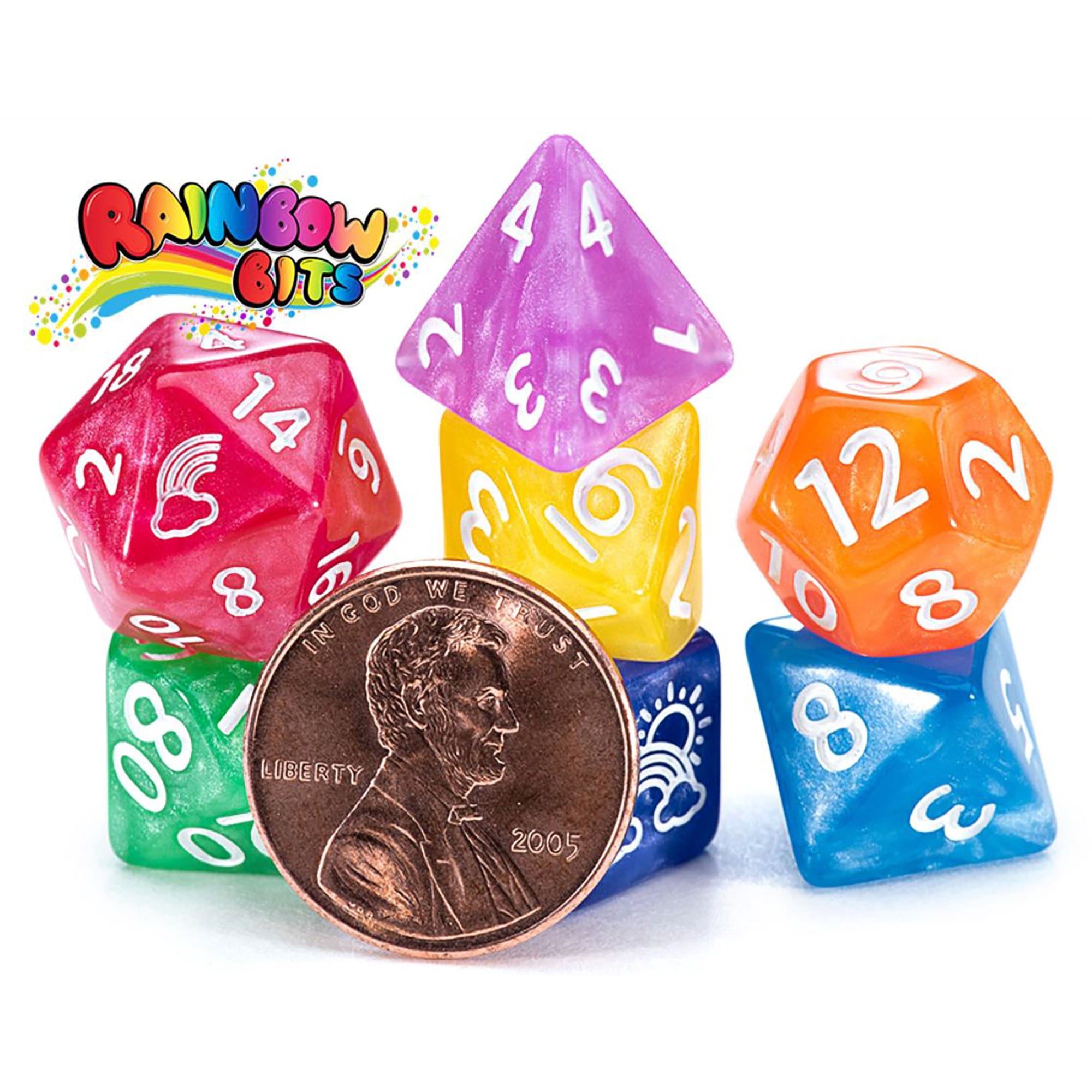 Mighty Tiny Dice: Rainbow Bits - 7 Piece RPG Dice Set, 12mm Resin Dice Set, Gate Keeper Games, Roleplaying, Custom Logos on d20 and d6, Rainbow Of Color in Every Set