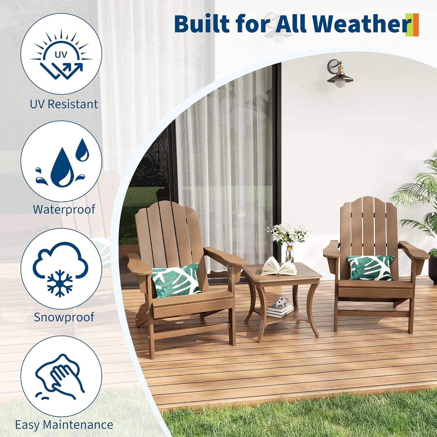 IdealHouse Adirondack Chair Set of 2 for Patio, HDPE Outdoor Lawn Chair with Wood Texture for Garden Backyard Deck Poolside Use
