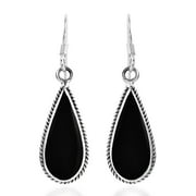 Classic Teardrop Shaped Simulated Black Onyx Inlaid .925 Sterling Silver Dangle Earrings