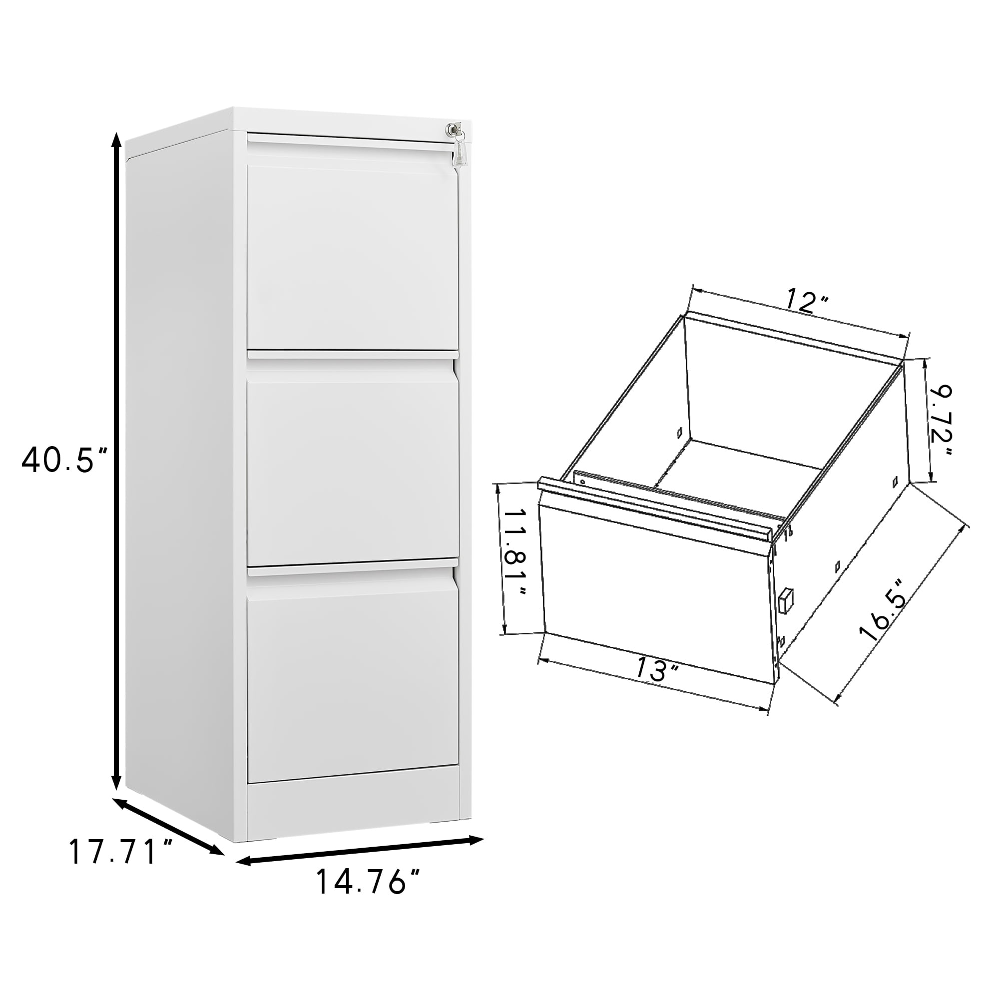 Leumius 3-Drawer File Cabinet with Lock,16.5" Deep Metal Lateral Vertical Filing Cabinet for Home Office,Fits Legal/Letter/A4,White