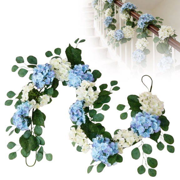 6FT Spring Summer Flower Garland for Mantle,Blue White Hydrangeas Floral Garland with Eucalyptus Leaves Butterfly for Home Table Centrepiece Stairs Wedding Party Decorations