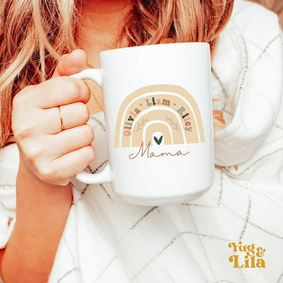 Personalized Mama Mug, Mama Coffee Mug With Kids Names, Personalized Mother's Day Rainbow Mug Christmas Gift For Mom Custom Gift Mug For Mom, Ceramic Mug 15Oz