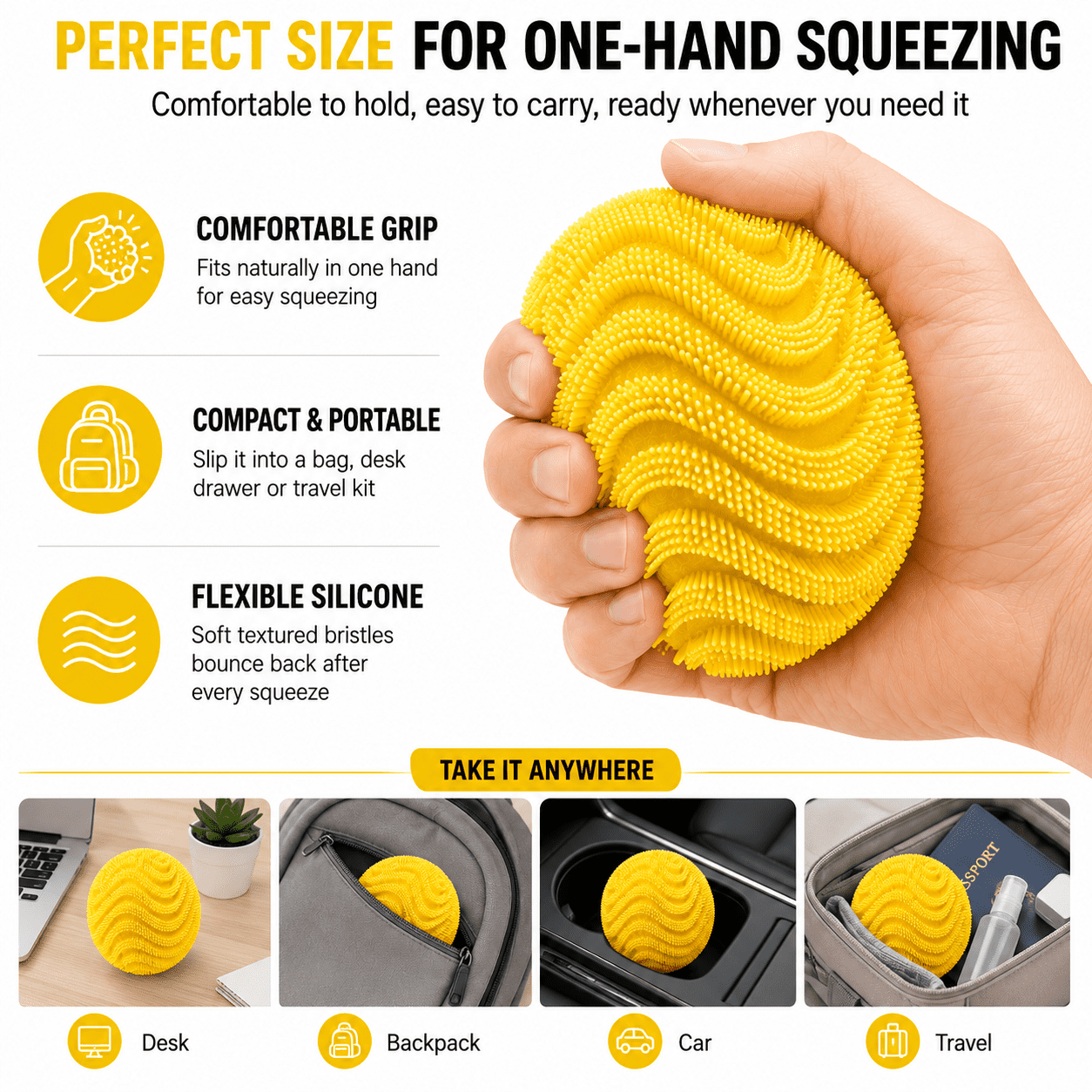 Silicone Stress Ball, Textured Squeeze Ball, Soft Elastic Hand Grip Ball for Desk, Office, Home, Travel and Everyday Focus