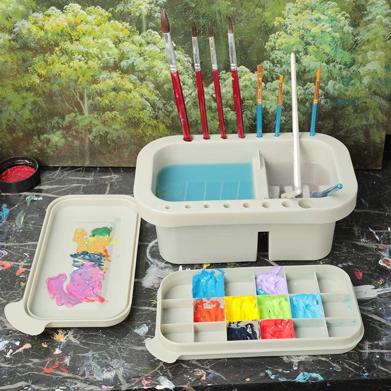 SHIDOW Paint Brush Cleaner And Organizer With 8-Well Palette & 16 Brush Holes - Portable Washer For Acrylic, Watercolor (Includes Free Disposable Apron)