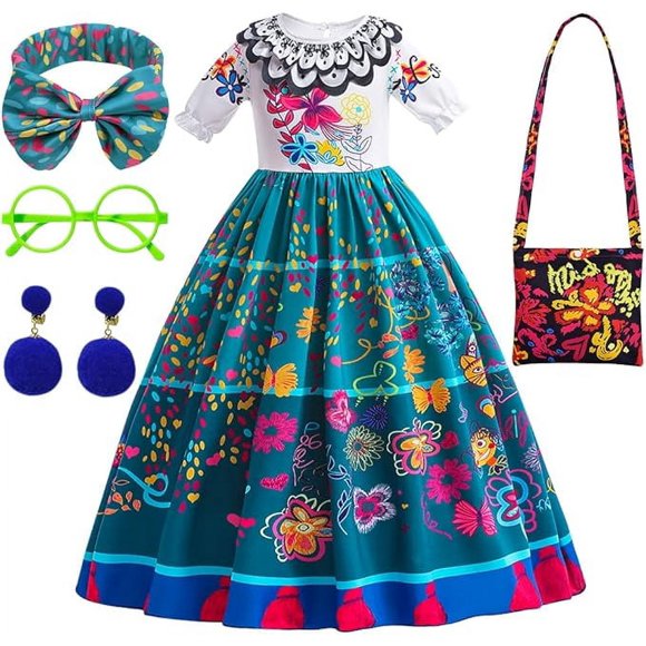Prendas de Encanto Mirabel Para Niñas,Prendas de Encanto Para Niñas,Prendas de Mirabel,Prendas de Princesa Mirabel,Con Bagas y Pendientes,Adecuadas Para la Fiesta Navideña de Cumpleaños de Los 150cm