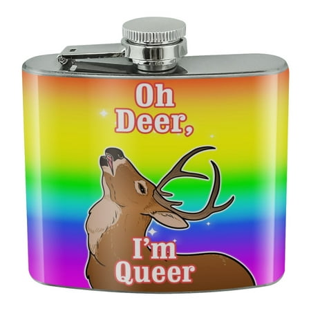 Oh Deer I'm Queer Rainbow Pride Gay Lesbian Funny Stainless Steel 5oz Hip Drink Kidney