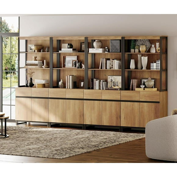 Bibliothèque moderne WAMPAT, lot de 4, étagère haute 72 po avec placard, tablettes réglables et structure métallique, pour bureau ou salon, chêne