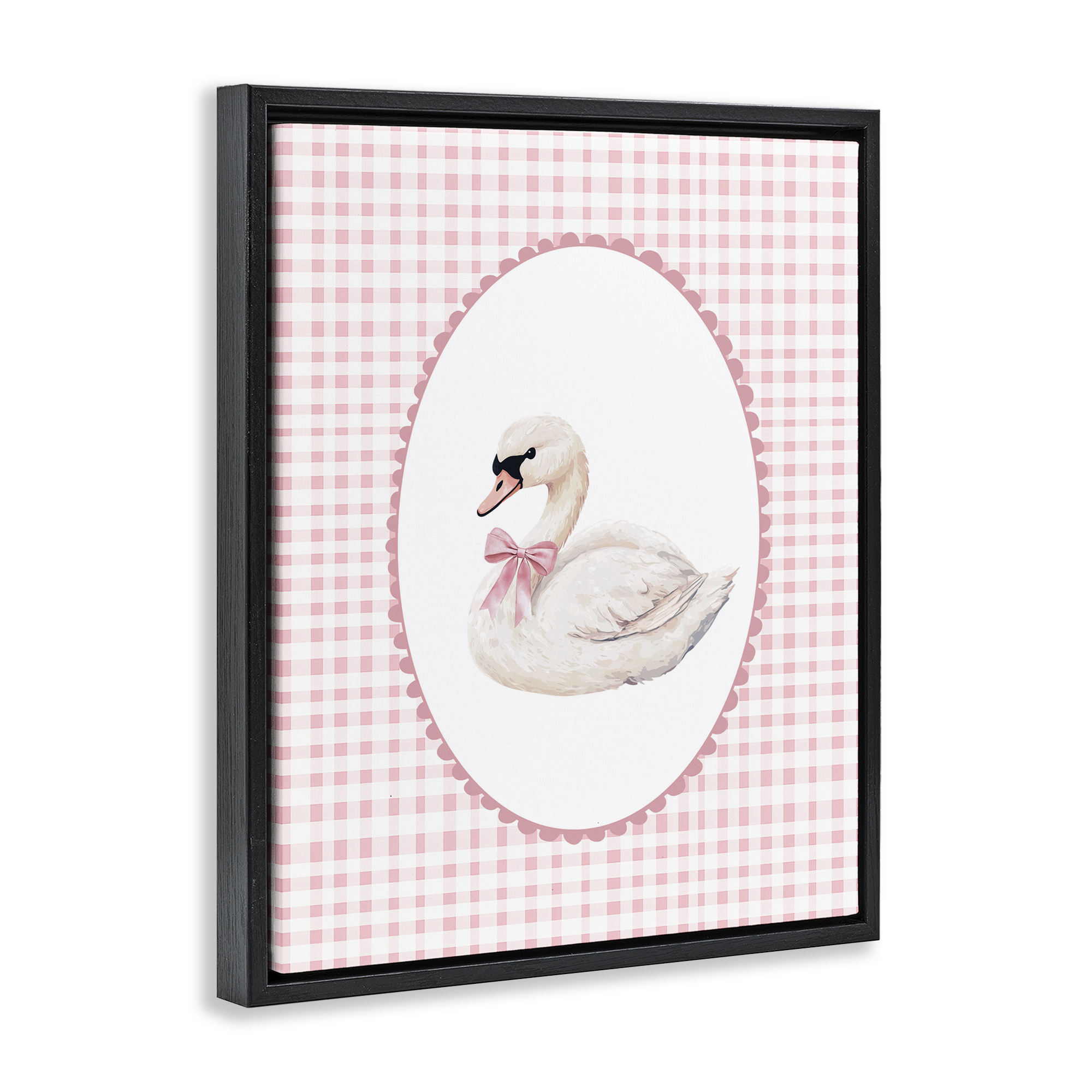 Gentle Swan on Pink Checkered Black Framed Floater Canvas Wall Art, design by Christine Simpson Art