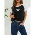 thumbnail image 3 of Womens Y2k Color Block Patchwork Crop Top Star Graphic Printed Short Sleeve T-Shirt 90s E-Girl Crewneck Kawaii Kuromi Streetwear, 3 of 9