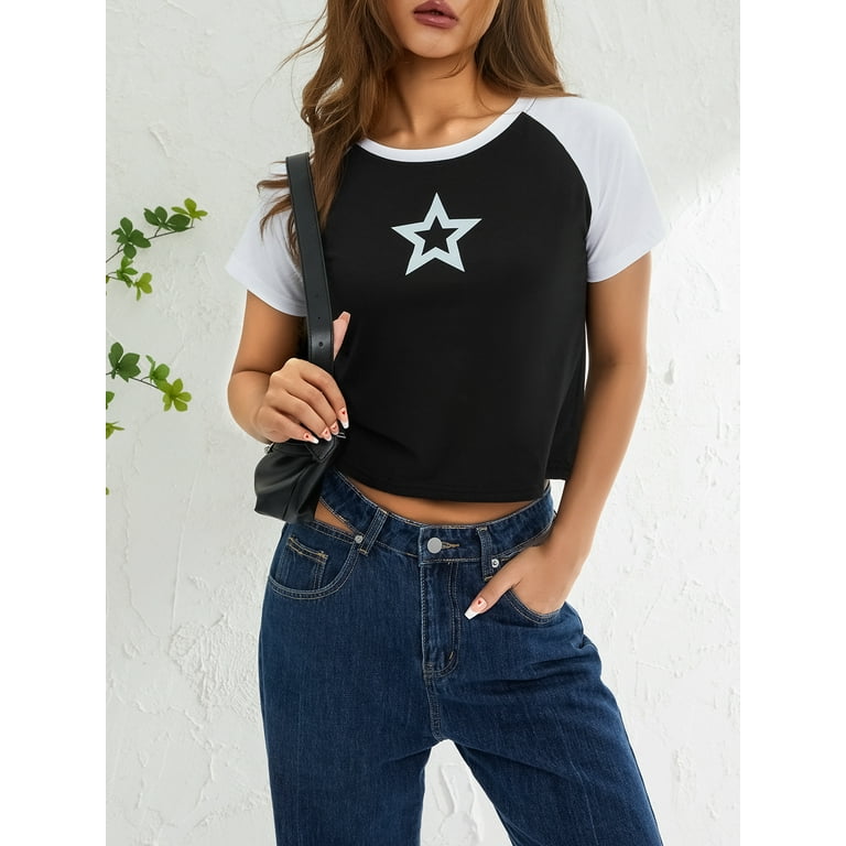 Womens Y2k Color Block Patchwork Crop Top Star Graphic
