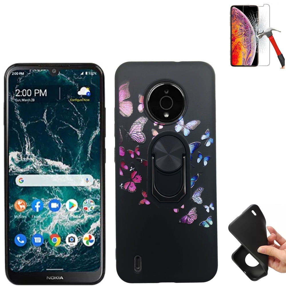 Phone Case for Nokia C200 (N151DL) with Screen Protector +Phone Stand, Flexible Gel Case (Gel Butterfly +Tempered Glass +2in1 Ring)