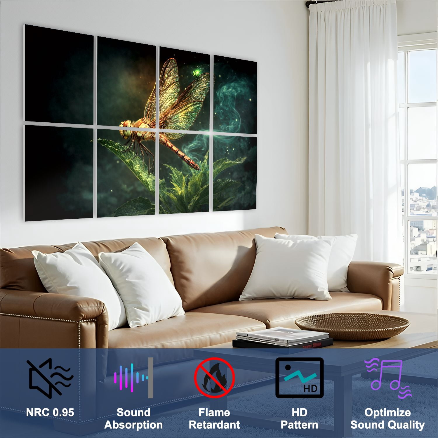 Gothic 8 Pack Art Acoustic Panels Sound Absorbing Golden Dragonfly Perched Green Leaf Wings Natural Lighting Decorative Soundproof Wall Panels Self Adhesive for Nursery Game Room Bedroom 48"x32"