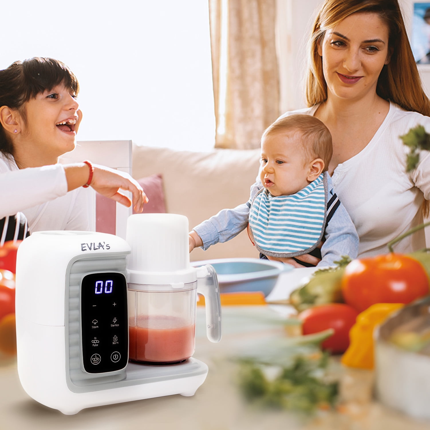 EVLA'S Baby Food Maker with 2 Steaming Cups, Steamer, Blender, Baby Food Processor, Touch Screen, with 6 Reusable Food Pouches, White