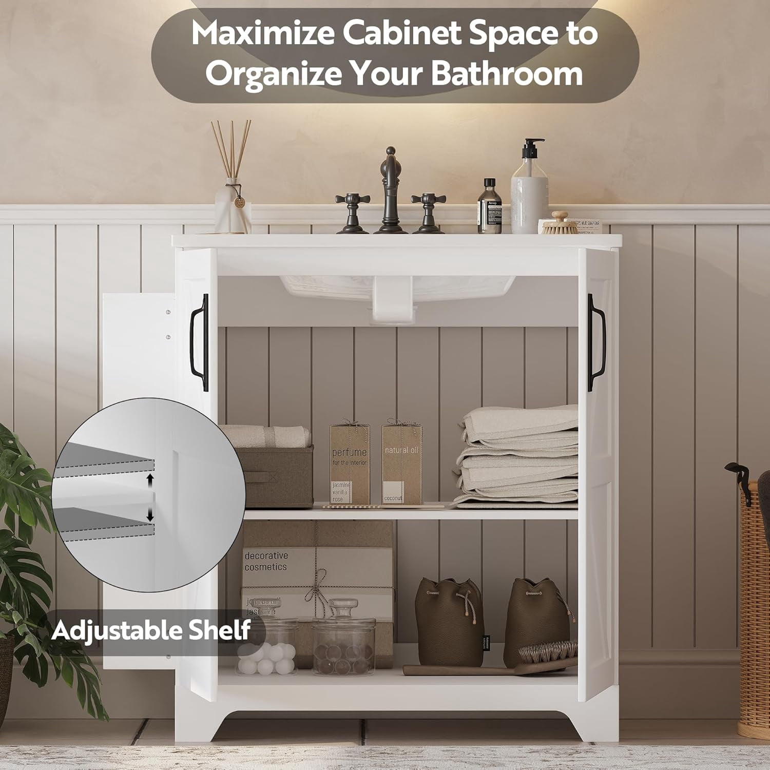 LAZZO 31" Bathroom Vanity with Ceramic Sink, Farmhouse Bathroom Vanities with Storage Cabinet and 3 Extra Side Shelves, White