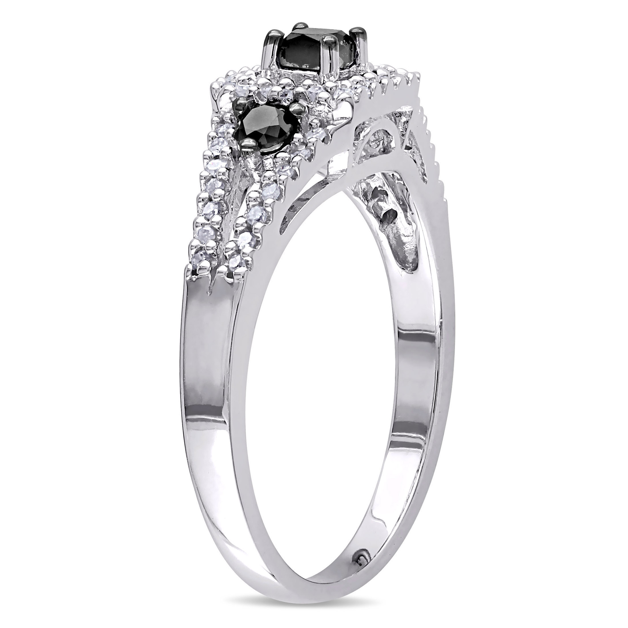 Everly Women's 1/2 Carat T.W. Princess-Cut Black and White Diamond Sterling Silver Split Shank Cocktail Ring with Round-Cut Diamond on Band and 4-Prong/3-Prong/Buttercup Setting (H-I-J, I3) - image 4 of 7