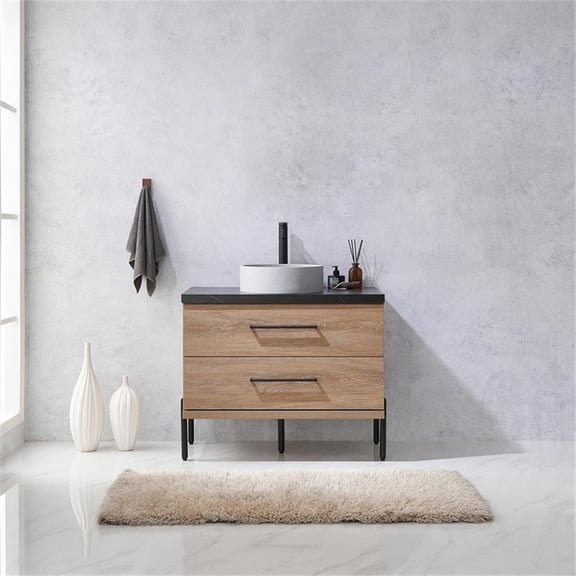 Trento 36" Black Sintered Stone Top Concrete Sink North American Oak Bath Vanity