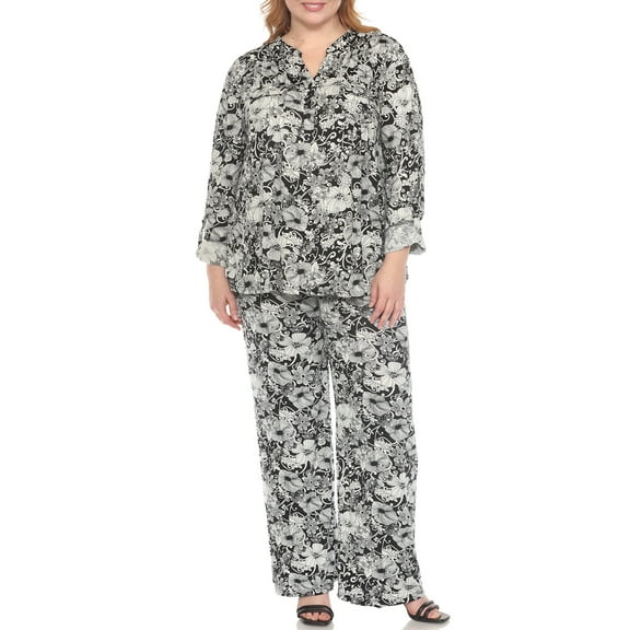 White Mark Casual Floral Print 3/4 Sleeve Blouse and Palazzo Pant Clothing Set, 2-Piece, Women's Plus