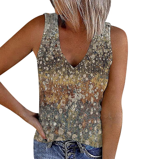 Playeras,Blusas y Tops,Ropa para Mujer Workout Tank Tops Blusa sin mangas de punto acanalado para mujer, informal, sin mangas, con cuello en V (Khaki, M)