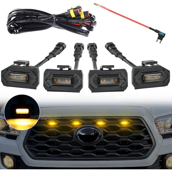 LED Grill Lights for Toyota Tacoma 2020-2023, 4PCS Black Shell Amber Lights with Two Fuse, Waterproof, Plug and Play Installation