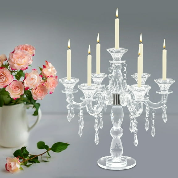 Crystal Candelabra Candle Stand,7-Arm Clear Crystal Candelabra Candlestick,Tall Candle Holder for Wedding Party Decor,6.61lbs