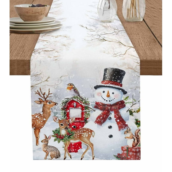 Ldtrchee Christmas Snowman Table Runner 90 Inches, Snowflake Elk Balls Xmas Bed Runner Dresser Scarves Tabletop for Indoor Outdoor Parties/Ceremony/Banquet, 13" x 90"