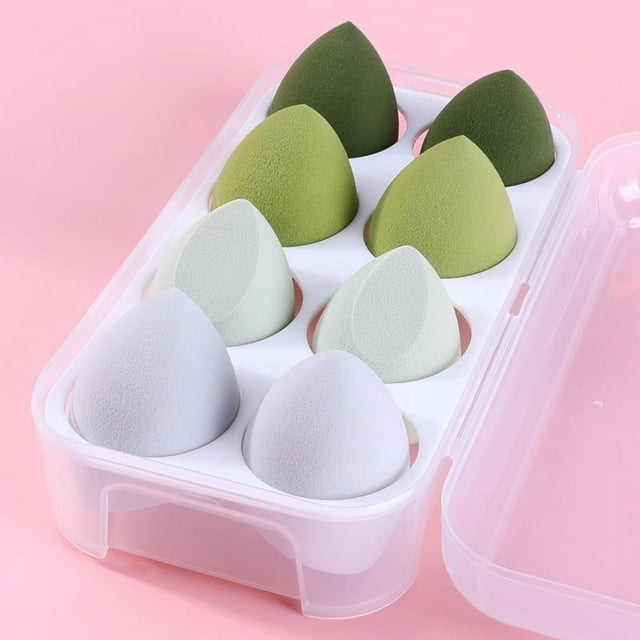 Nvzi Juego de 8 esponjas de belleza, esponja para difuminar maquillaje líquido y en crema, esponja para base de maquillaje natural, con caja de almacenamiento, verde A11