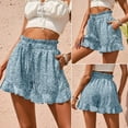 thumbnail image 3 of Summer Shorts for Women! Audhol Women's Casual Shorts Elastic High Waist Ruffle Floral Print Comfy Summer Beach Short Lounge Pants with Pocket Beach Shorts for Women Blue XL, 3 of 9