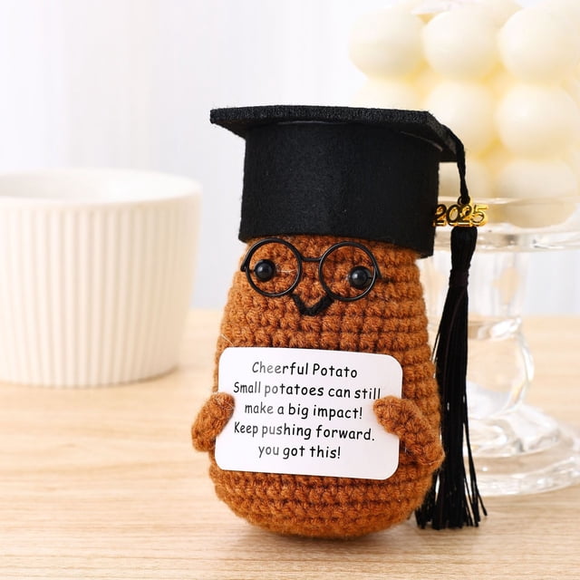 Graduation Gifts for Her 2025,Positive Duck Crochet Animals for Her Him Graduation Gifts 2025,Handmade Emotional Support Plush Pickle with Cap and Greeting Card