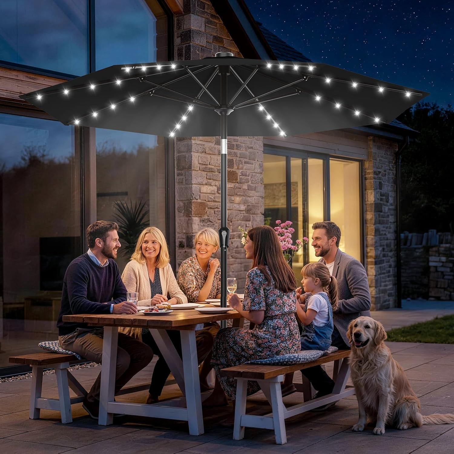 9FT Patio Umbrella with Solar Lights, 32 Lighted Pool Umbrella w/Tilt and Crank, Outdoor Market Solar Umbrellas for Garden, Deck, Backyard, Pool and Beach, Black