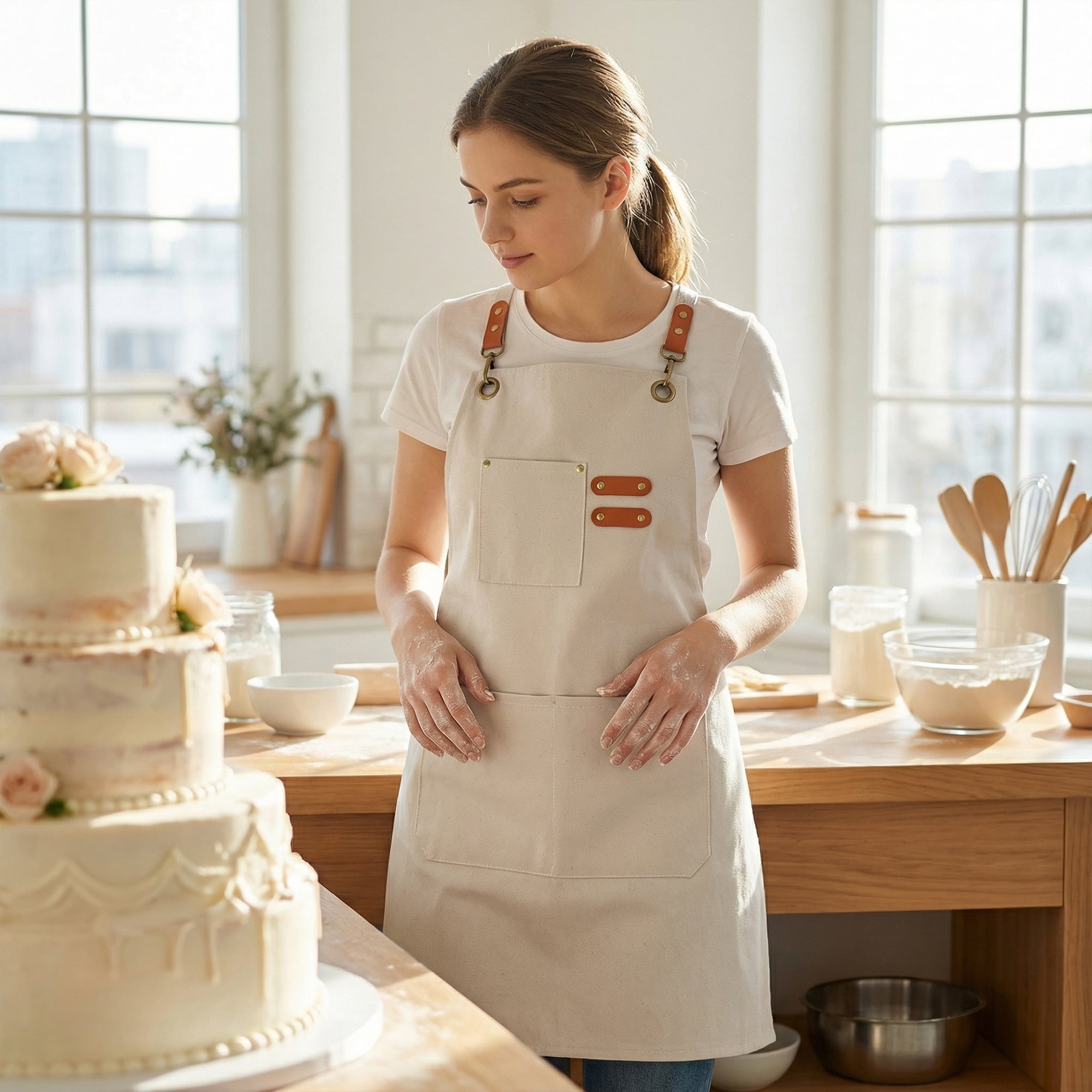 Unique Bargains Adjustable Long Waist Kitchen Apron with Pockets for People Cream
