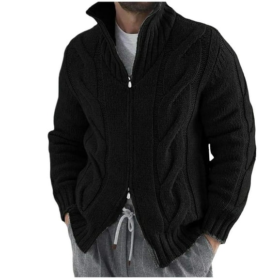 Men's Sweater Long Sleeve Zip Up Stand Collar Textured Cable Knit Cardigan Jacket Black 2XL