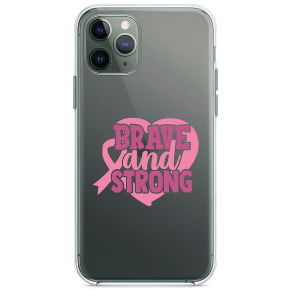 DistinctInk Clear Shockproof Hybrid Case for iPhone 12 MINI (5.4" Screen) - TPU Bumper Acrylic Back Tempered Glass Screen Protector - Pink Ribbon Cancer - Brave & Strong