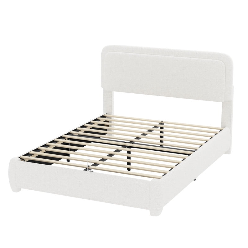 Queen Size Boucle Upholstered Bed Frame with Adjustable Height Headboard, Low-Profile Platform Bed with Mattress Anti-Slip Holder