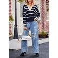 thumbnail image 3 of Split V Neck Classic Striped Pattern Collared Sweater for Women Navy Large, 3 of 4