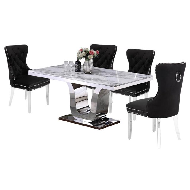 Ensemble de Salle à Manger Rectangulaire en Marbre Blanc 5 Pièces avec Base en Acier Inoxydable Argenté