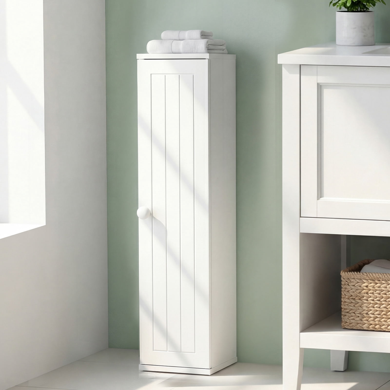 Gymax Small Bathroom Storage Cabinet Corner Floor Cabinet w/ Door & Removable Shelves