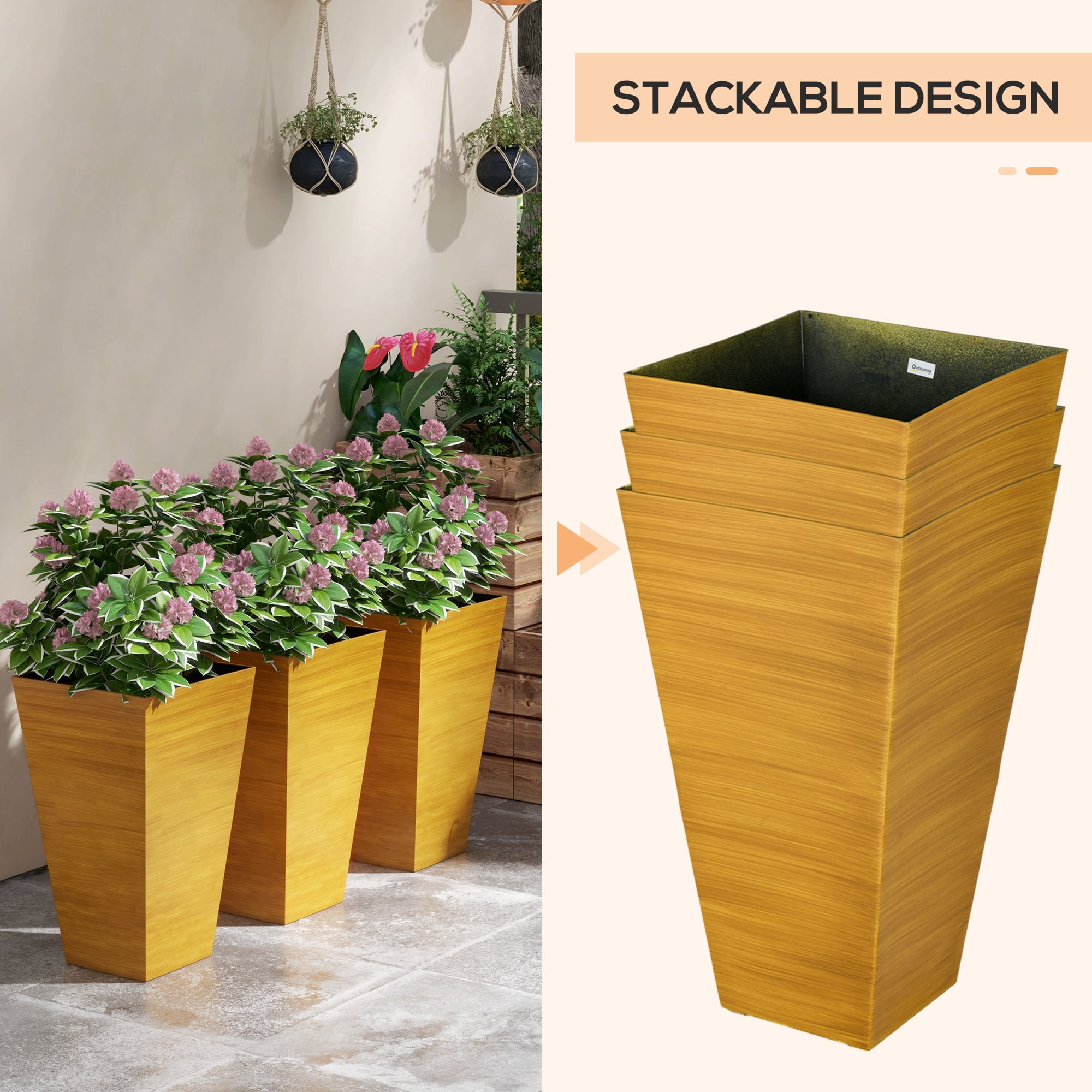 Garden Pots Outsunny 28" Tall Outdoor Planters, Set of 3 Large Taper Planters with Drainage Holes and Plug, Faux Wood Plastic Flower Pots for Outdoor, Indoor, Garden, Patio, Tan,Outdoor Garden Plant