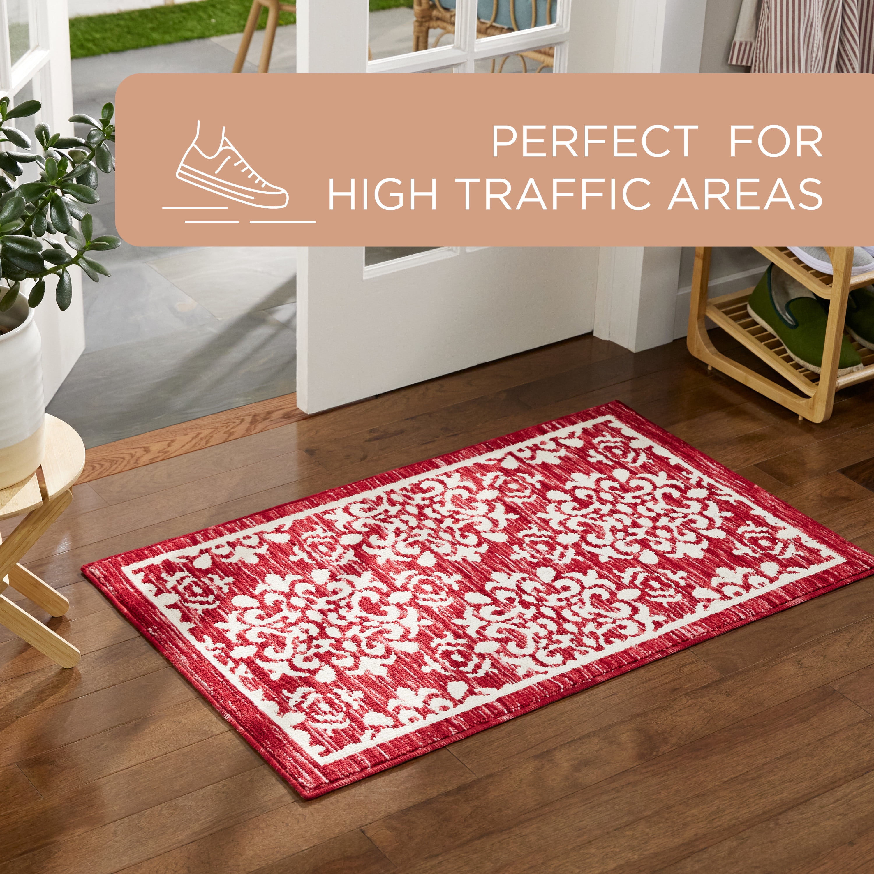 TOWN & COUNTRY EVERYDAY Walker Damask Medallion Everwash® Washable Multi-Use Decorative Rug with Non-Slip Backing, Red, 24"x72"