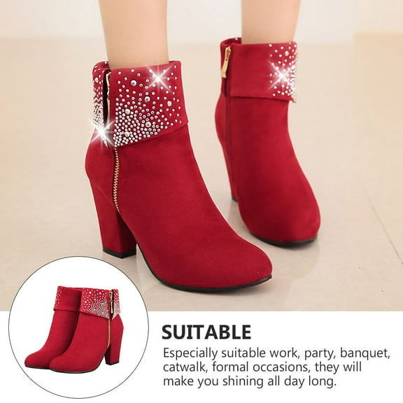 PAMINGONO 1 Pair Red Women Ankle Boots With High Heel And Side Zipper Pu And Rubber Material Elegant Style For Work