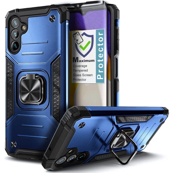 Nagebee Phone Case Compatible for Samsung Galaxy A14 5G with Tempered Glass Screen Protector (Full Coverage), Full-Body Protective [Military-Grade], Magnetic Car Mount Ring Holder, Heavy-Duty (Blue)
