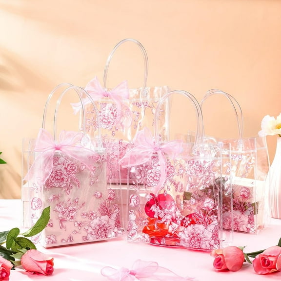 24 Pack Pink Floral Clear Gift Bags with Handles & Ribbons for Wedding Birthday Party Favors